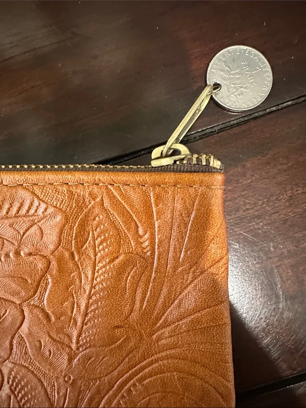 Embossed Camel Colored Leather Zip Pouch